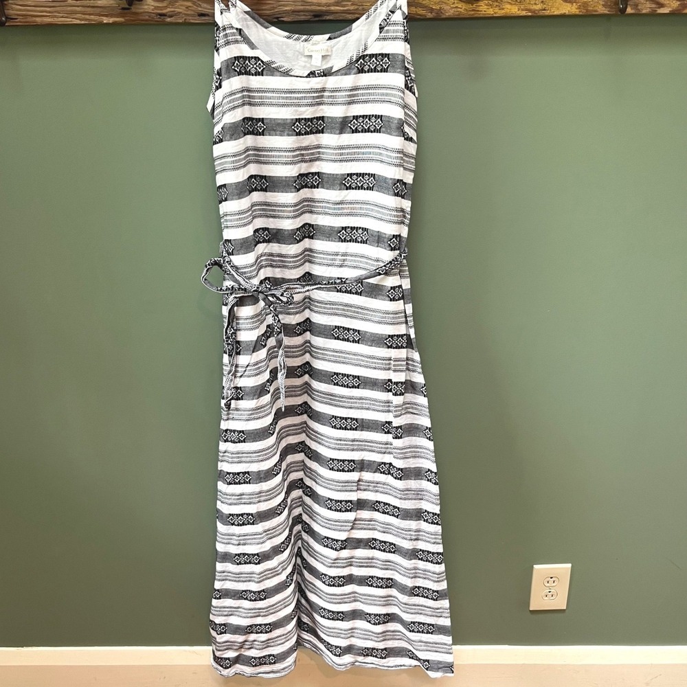 Garnet Hill Organic Cotton Geometric Stripe Midi Dress Black White Womens 8